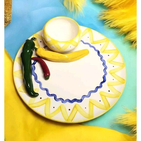 California Pottery Chili Pepper Chip Dip Tray Vintage Fiesta Mexican Party 3D